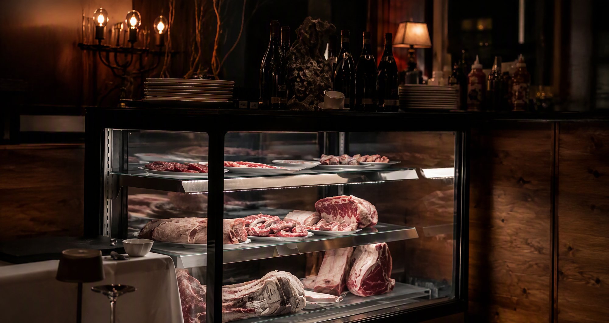 Il banco espositivo della frollatura del laboratorio della carne