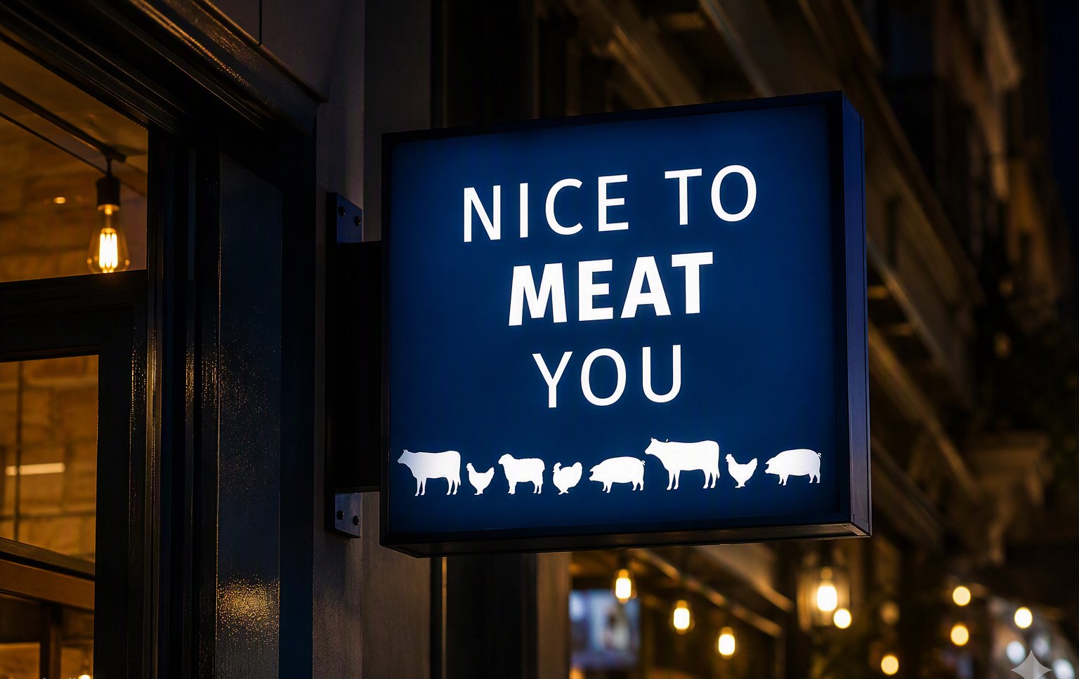 L'insegna luminosa NICE TO MEAT YOU di Osso Meat Lab
