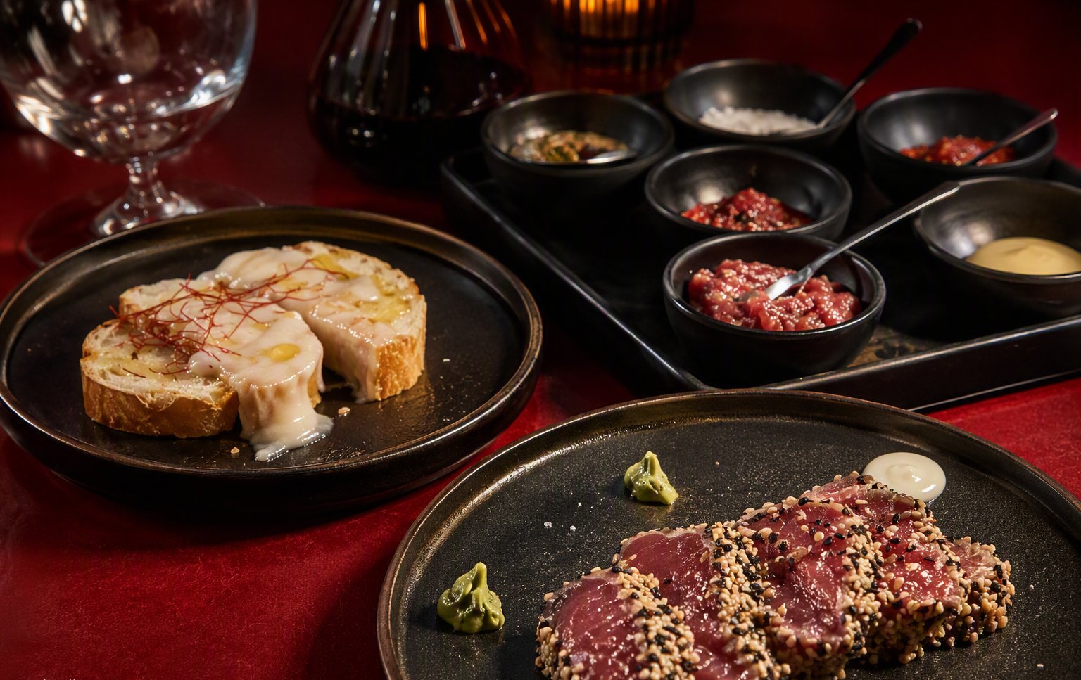 Tartare e carpaccio di manzo con salse e pane