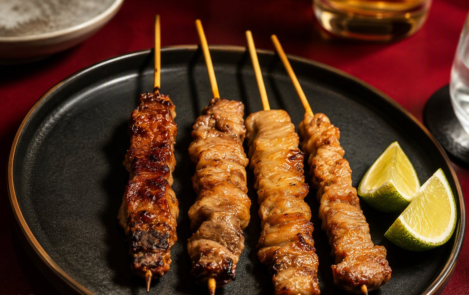 Spiedini yakitori alla brace serviti con lime